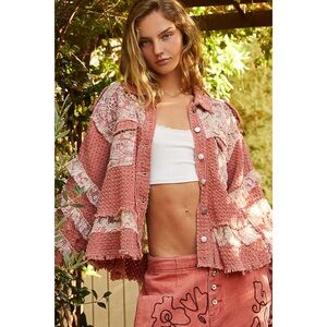 POL Coral Pink Twill & Lace Patchwork Jacket | Button Front Balloon Sleeves